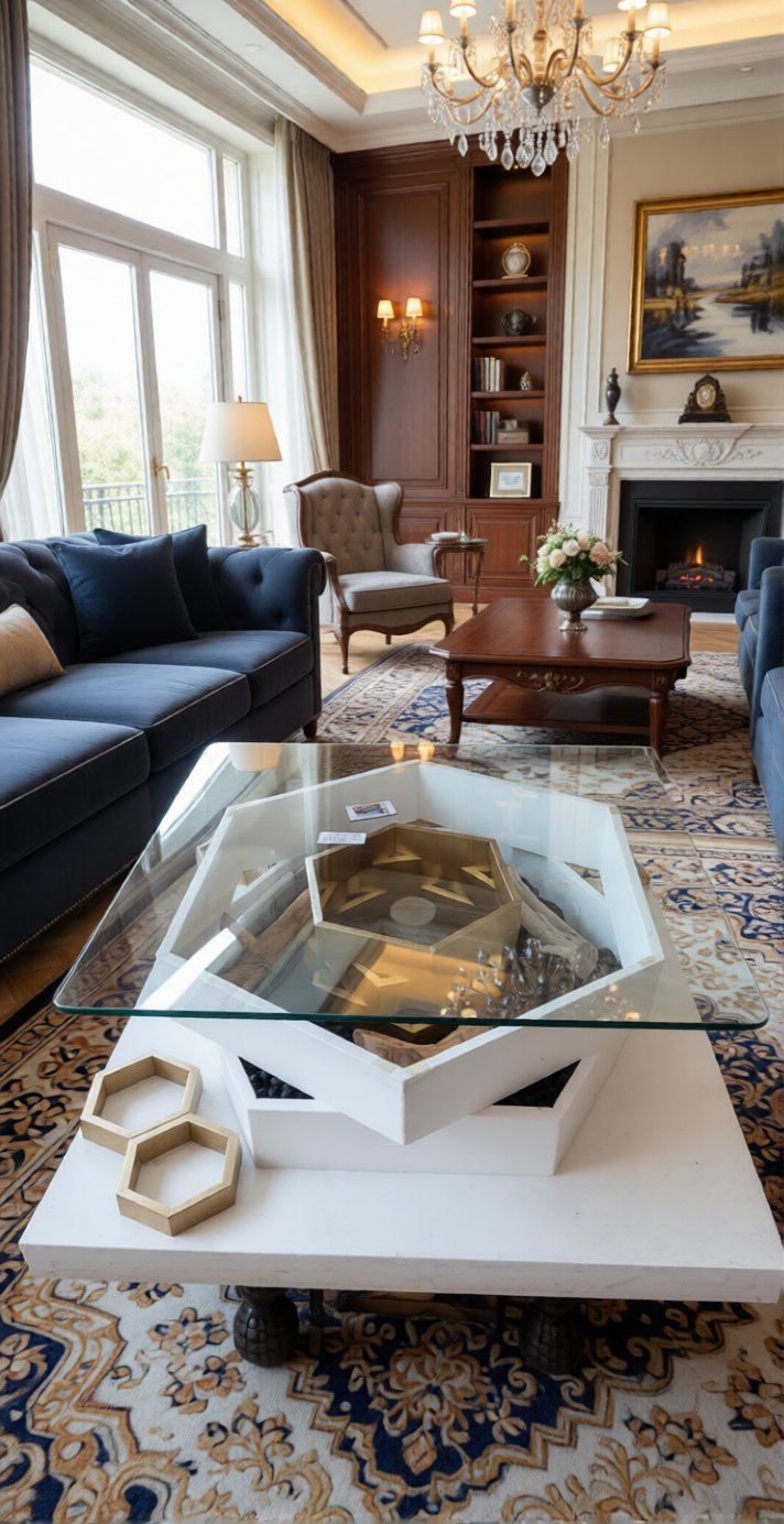 Custom glass top coffee table in luxury interior