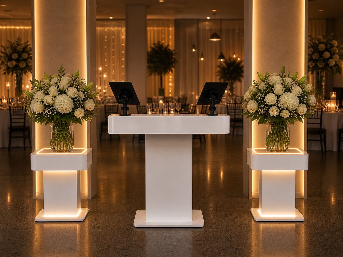 Podium and two illuminated stands close view